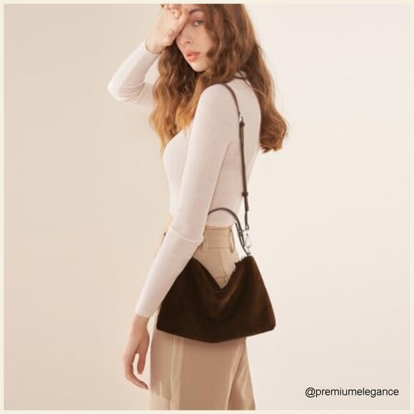 Genuine Leather Suede Hobo Tote Bag, Adjustable Strap, Large Capacity - Picture 3 of 7